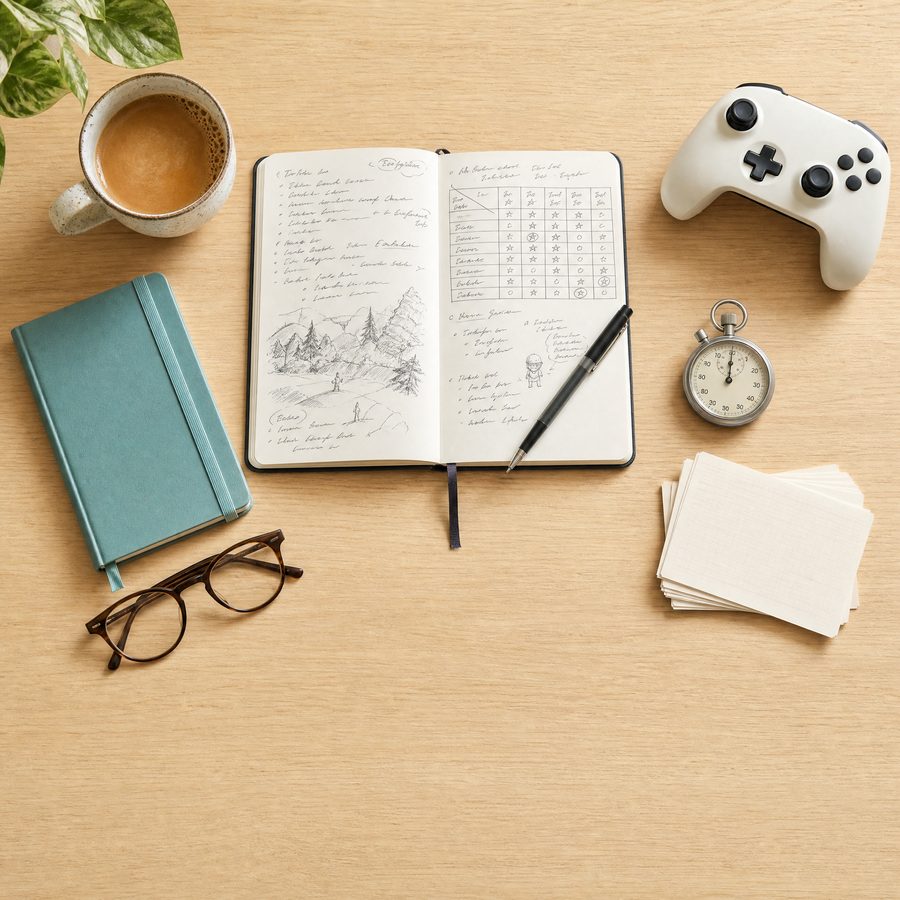 Overhead view of a reviewer's desk with a notebook, controller, stopwatch and coffee