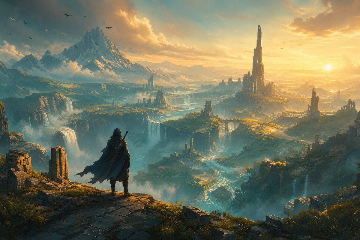 A cloaked traveller overlooking a wide valley with waterfalls and ruined towers