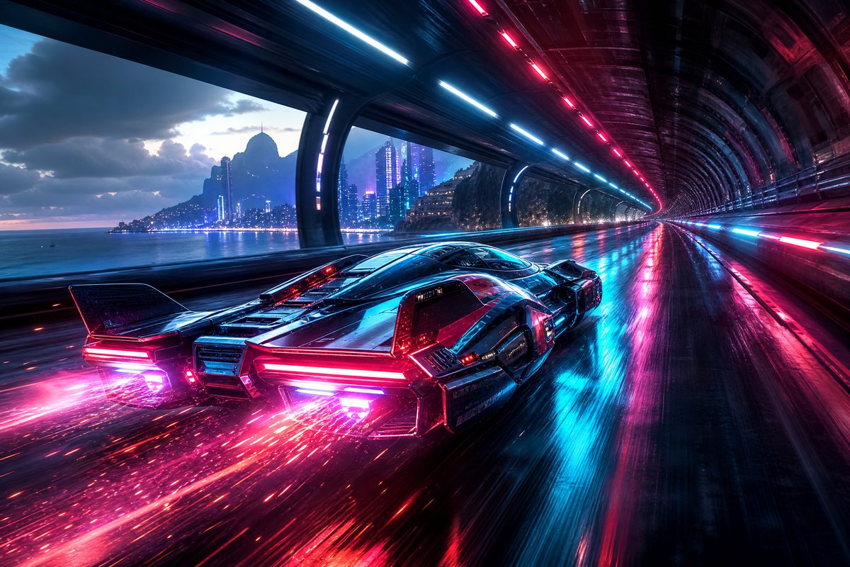 A sleek hover race car sliding through a neon-lit coastal tunnel with light trails