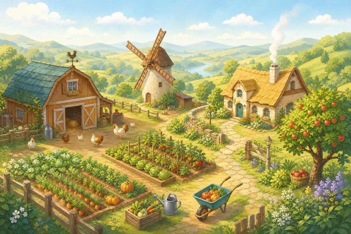 A hillside smallholding with a barn, windmill, vegetable rows and a stone path to a cottage