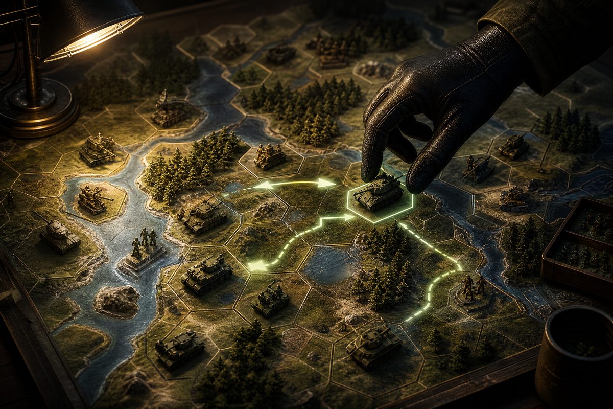 A hexagonal tactical war map on a table with miniature units