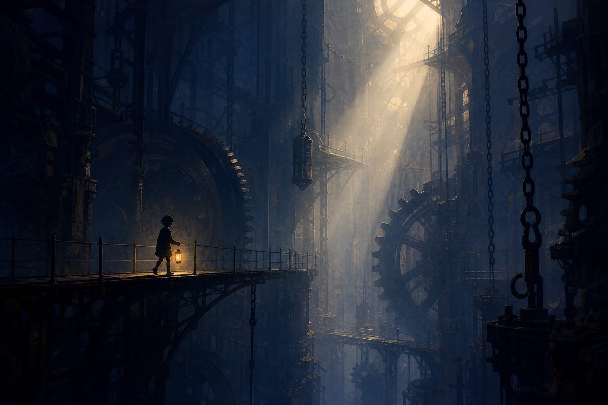 A small figure with a lantern crossing a catwalk inside a vast machine hall