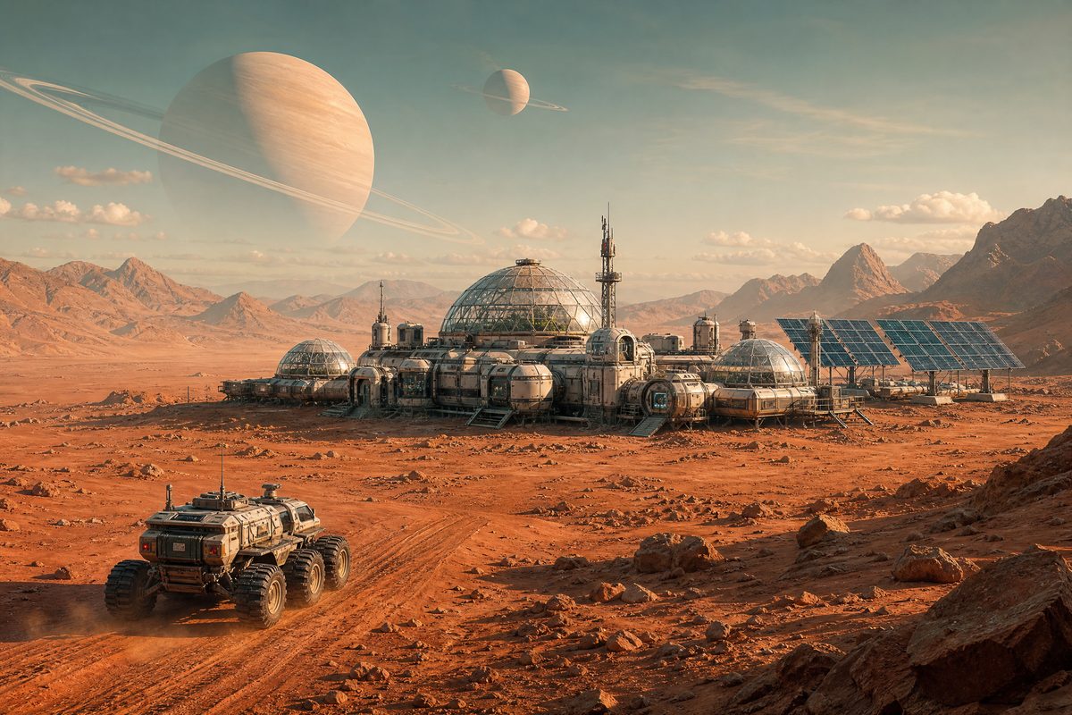 A modular research outpost with domes and solar arrays on a rust-orange alien plain