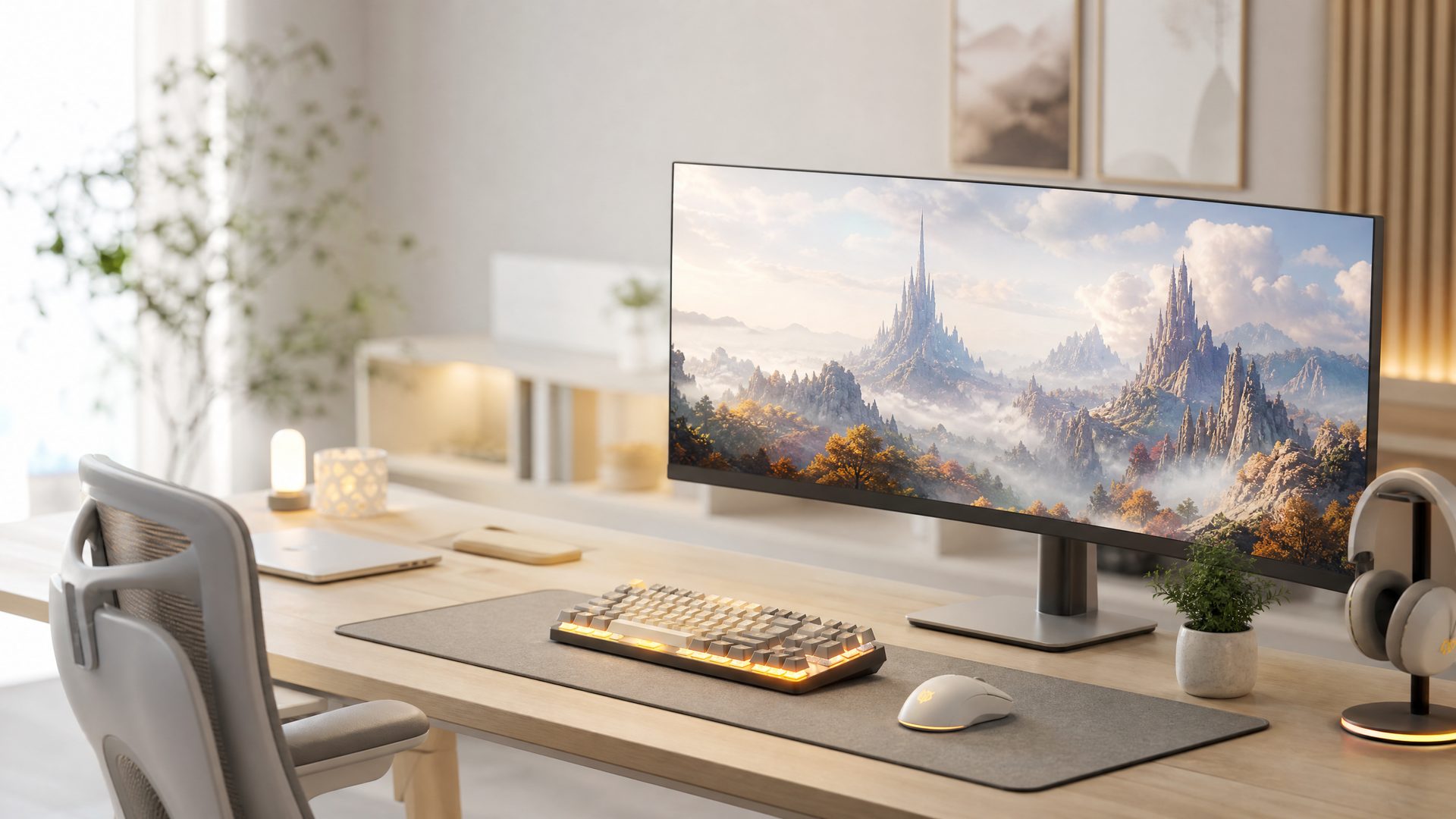A bright desk setup with a mechanical keyboard and an ultrawide monitor showing a fantasy landscape
